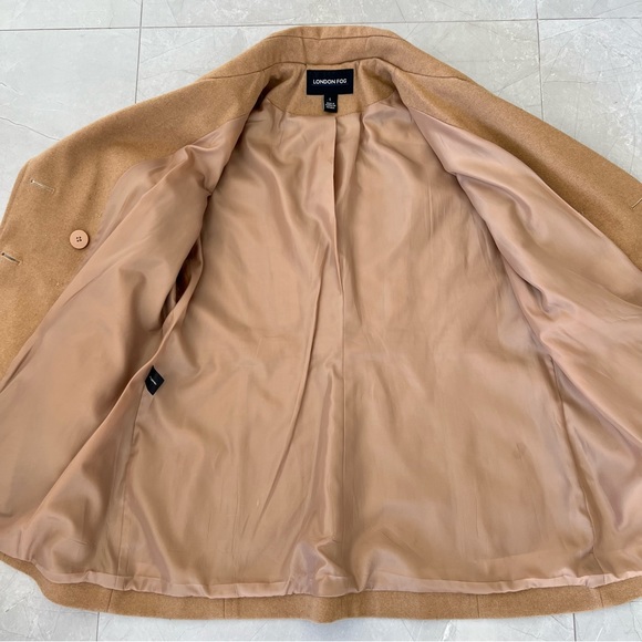 LONDON FOG Beige Tan Wool Blend Double Breasted Long Sleeve Pea Coat Jacket Sz L - Picture 11 of 15